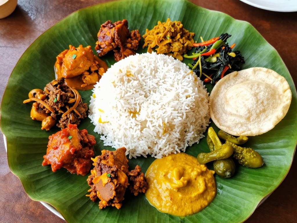 Banana leaf rice with multiple curries and side dishes