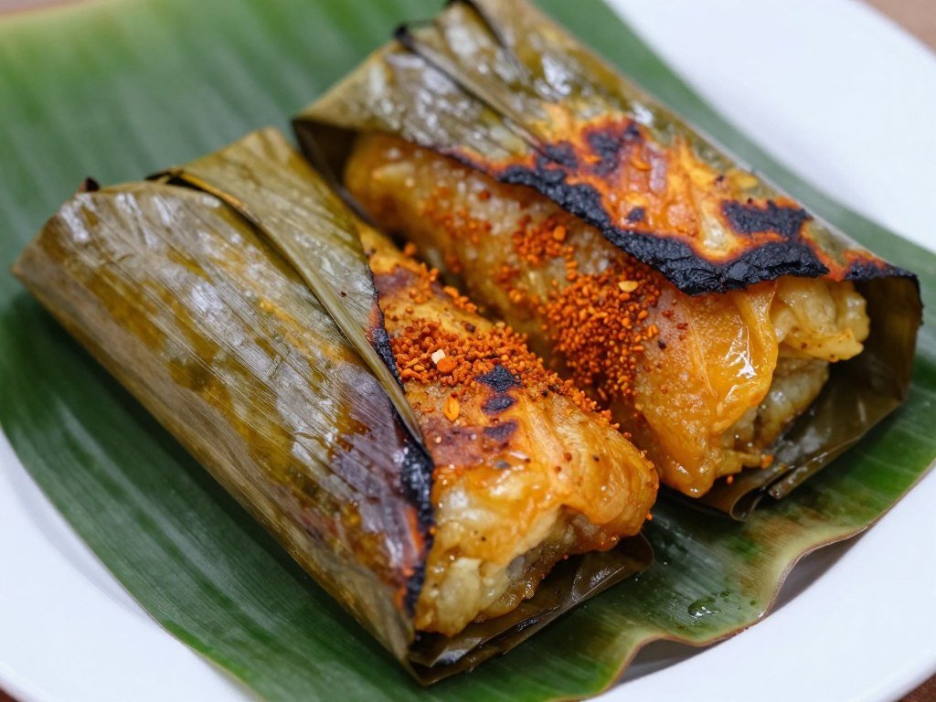 Banana leaf wrapped otak-otak grilled fish cakes showing Malay street food