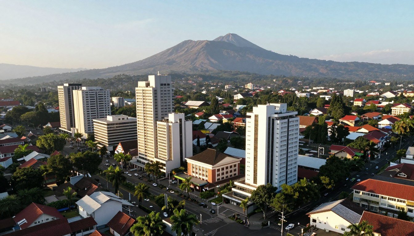 Bandung city skyline with volcanic mountains in background during golden hour