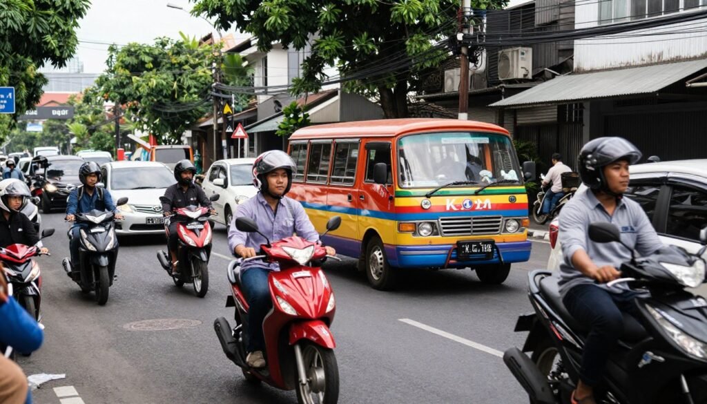 Bandung city traffic with motorcycles cars and angkot minibuses