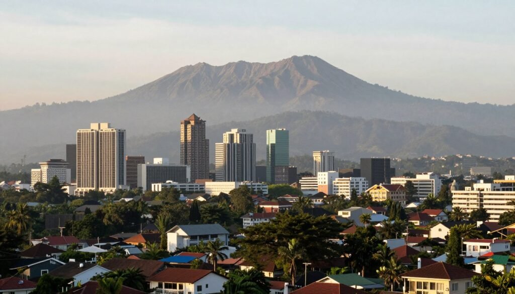 Bandung cityscape blending modern buildings with volcanic mountains