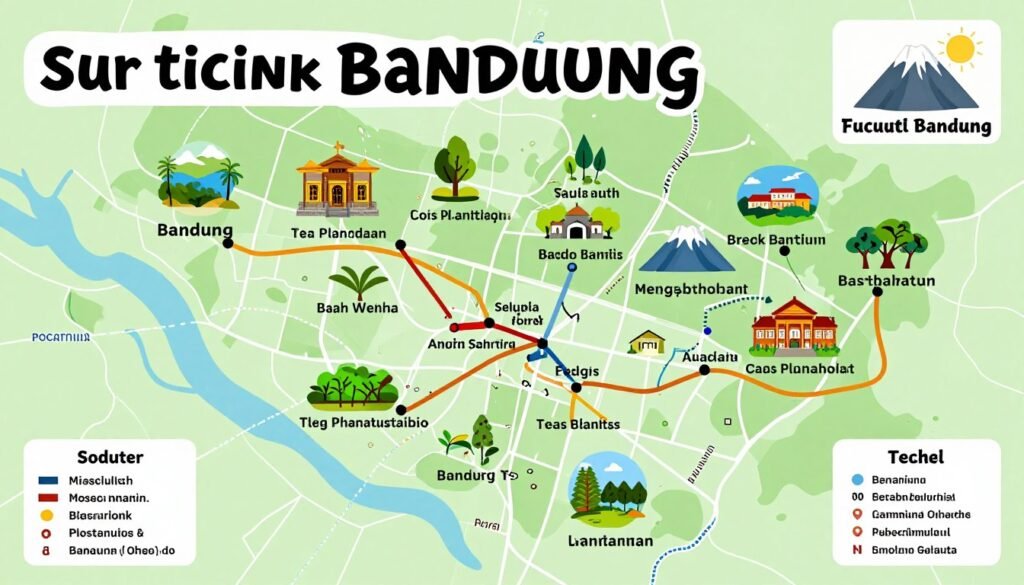 Bandung tourist map with marked attractions and routes