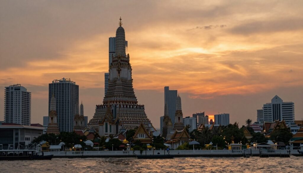 Bangkok cityscape at sunset showing mix of old and new architecture
