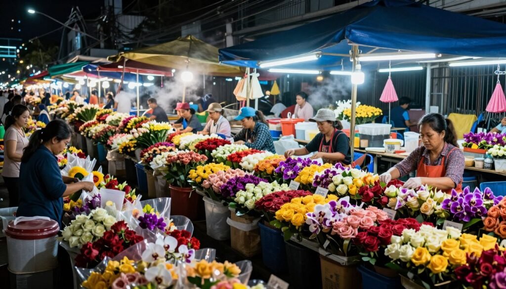 Bangkok flower market at night with mountains of colorful roses, orchids and lotus flowers