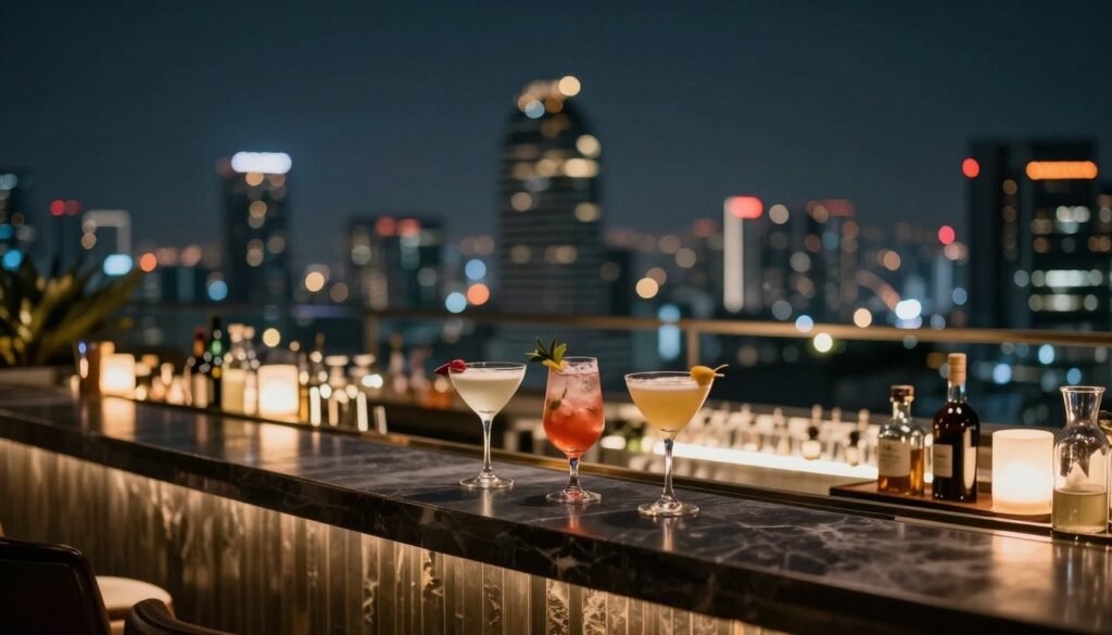 Bangkok rooftop bar at night with city lights