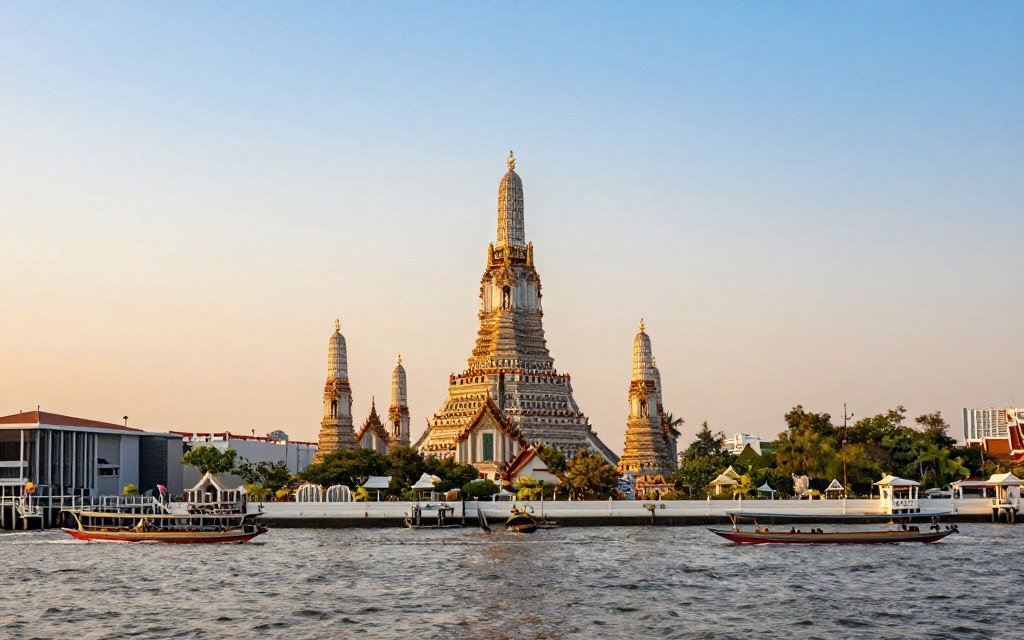 Bangkok skyline at sunset with golden temples and Chao Phraya River
