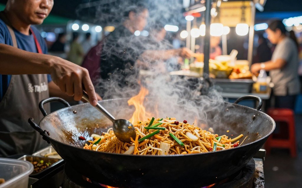 Bangkok street food vendor cooking pad thai at night market stall