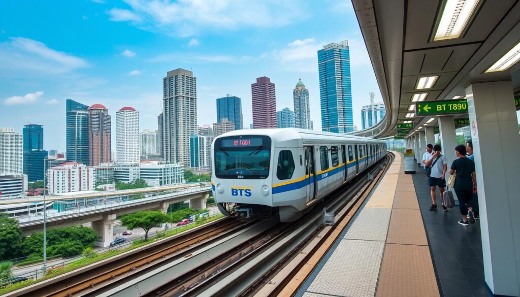 Bangkok's elevated BTS Skytrain with city skyline - Complete travel guide to Bangkok