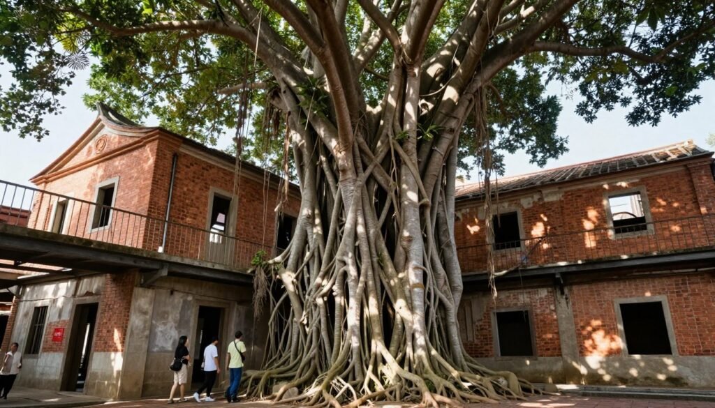 Banyan tree roots overtaking building at Anping Tree House