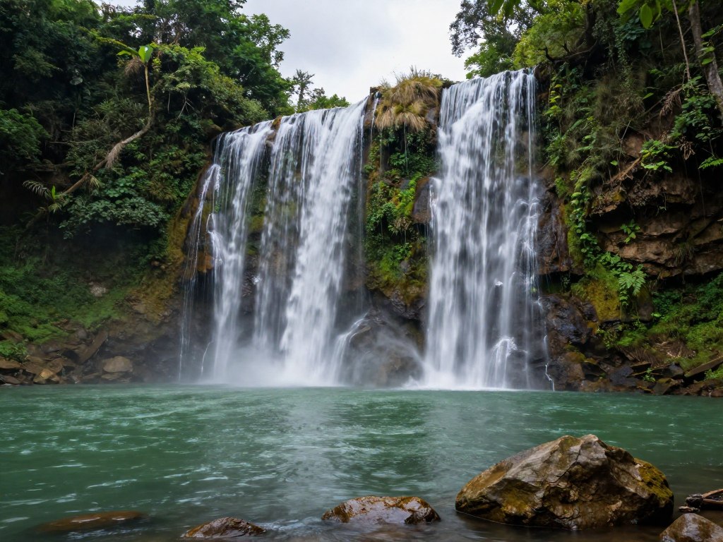 Banyumala twin waterfalls flowing into shared natural pool