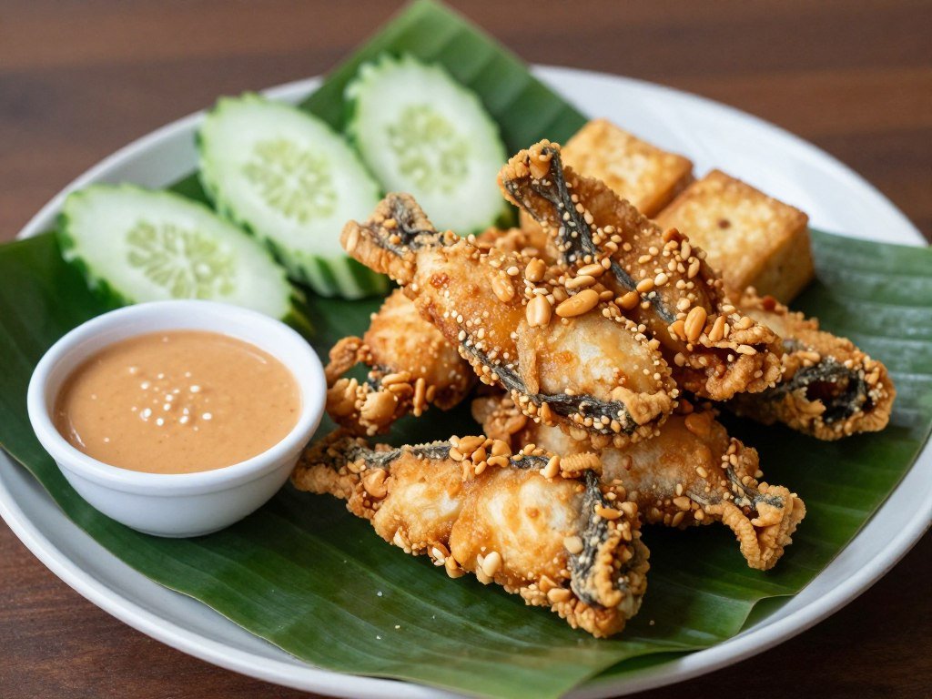 Batagor fried dumplings with peanut sauce on banana leaf