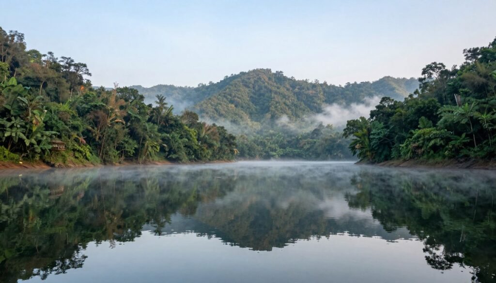 Batang Ai reservoir with rainforest hills