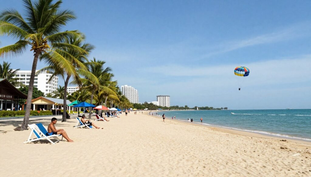 Batu Ferringhi beach with palm trees and water sports
