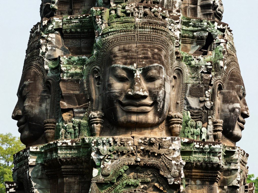 Bayon temple stone faces at Angkor Thom temple complex Bayon temple stone faces at Angkor Thom temple complex