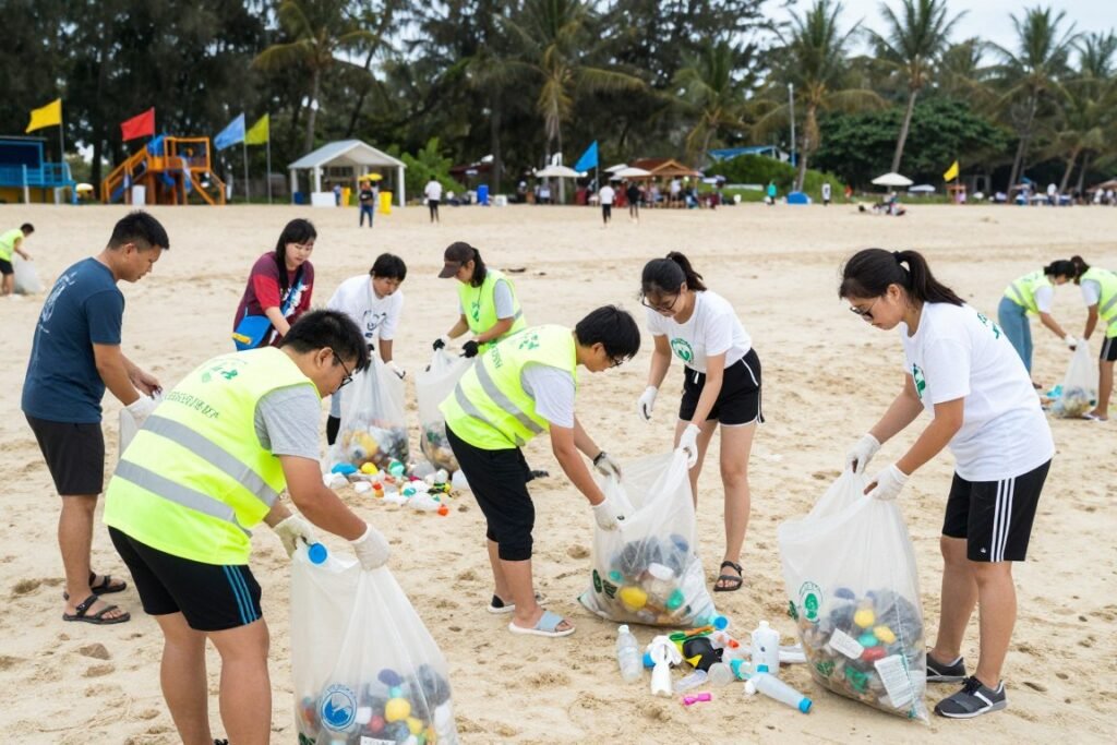 Beach cleanup volunteer activity on Mui Ne beach
