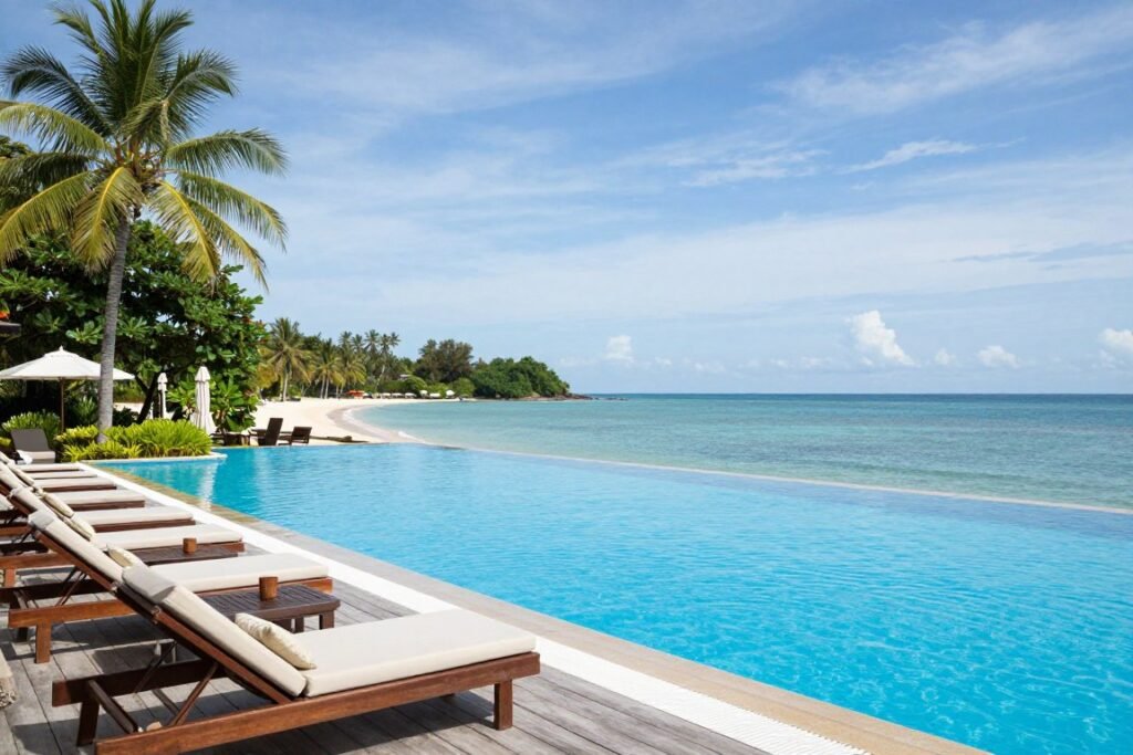 Beach resort pool overlooking South China Sea