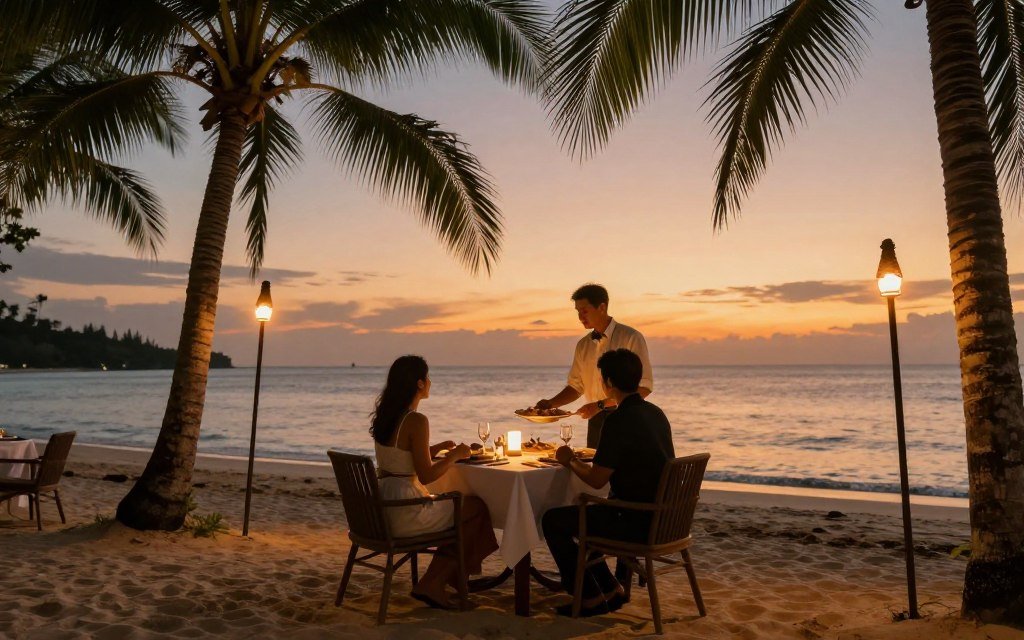 Beachfront restaurant dining on Boracay at sunset