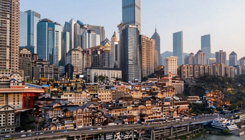 Beautiful Chengdu cityscape showing blend of modern and traditional architecture
