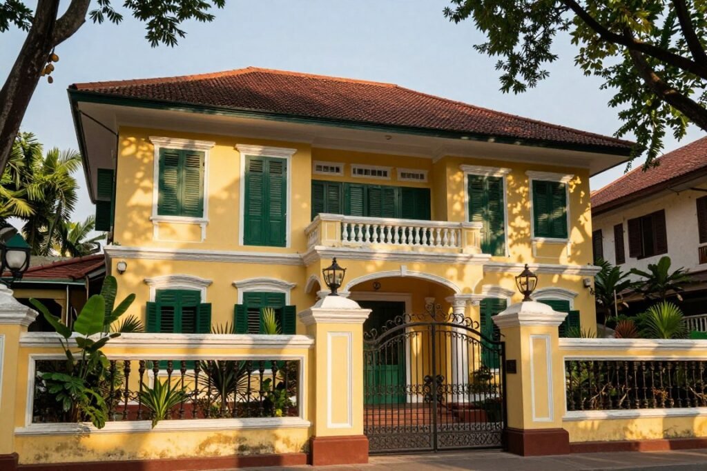 Beautiful French colonial villa in Hanoi with yellow walls and green shutters surrounded by tropical gardens