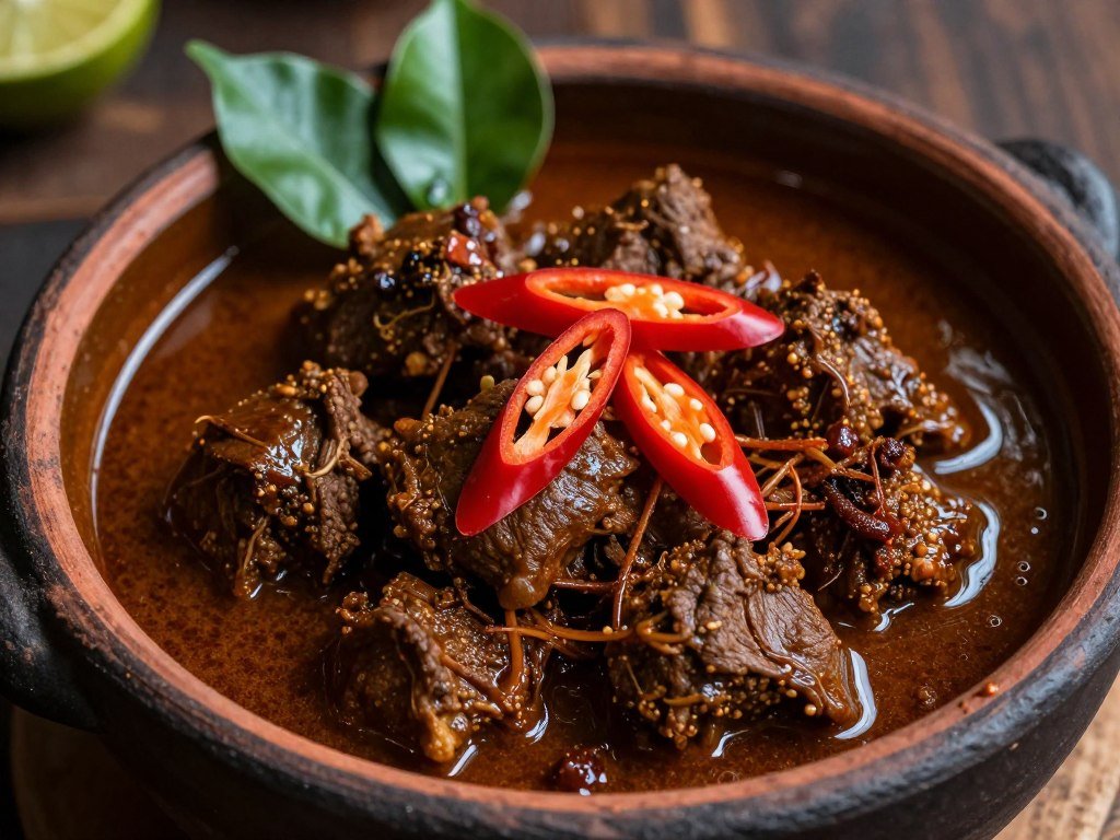 Beef rendang in dark spicy sauce with coconut milk reduction