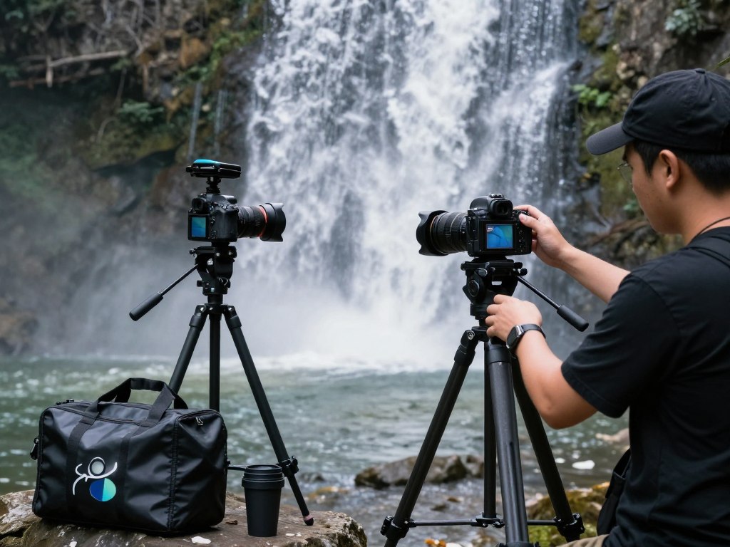 Behind the scenes waterfall photography setup with tripod