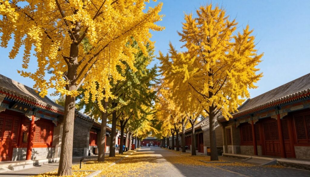Beijing autumn scenery with golden ginkgo trees and traditional buildings Beijing autumn scenery with golden ginkgo trees and traditional buildings