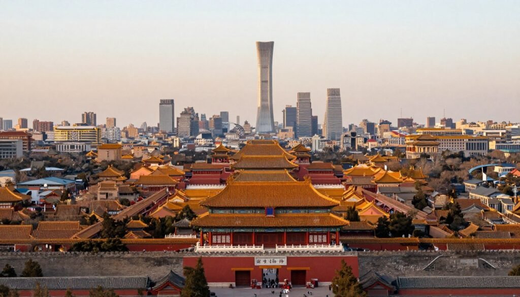 Beijing cityscape showing blend of traditional and modern architecture Beijing cityscape showing blend of traditional and modern architecture