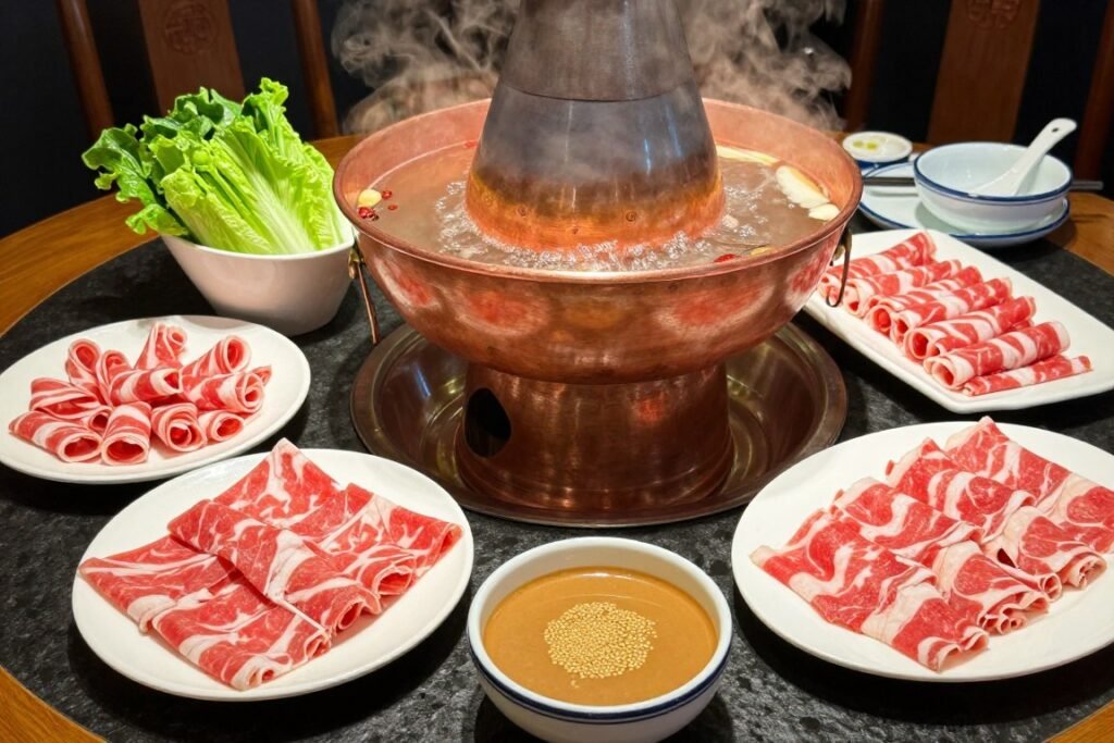 Beijing hotpot with lamb slices and vegetables around copper pot Beijing hotpot with lamb slices and vegetables around copper pot