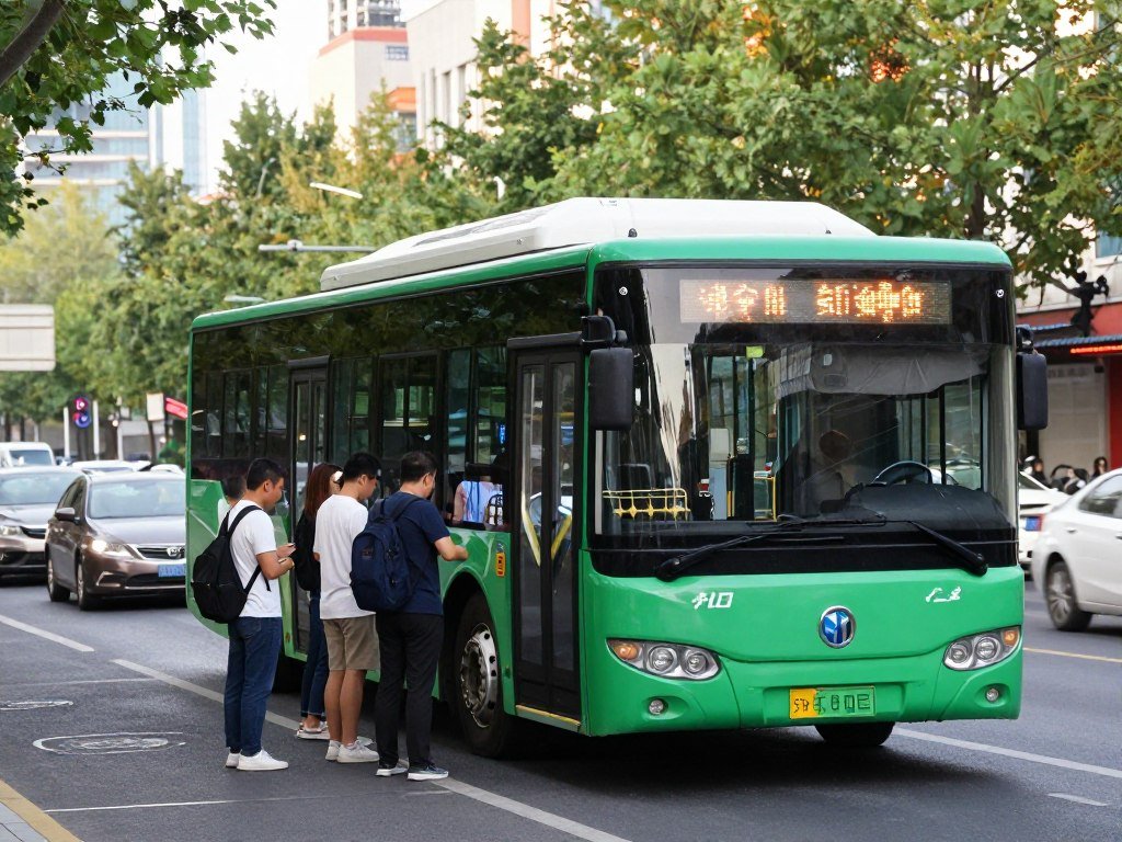 Beijing public bus on city street with passengers Beijing public bus on city street with passengers