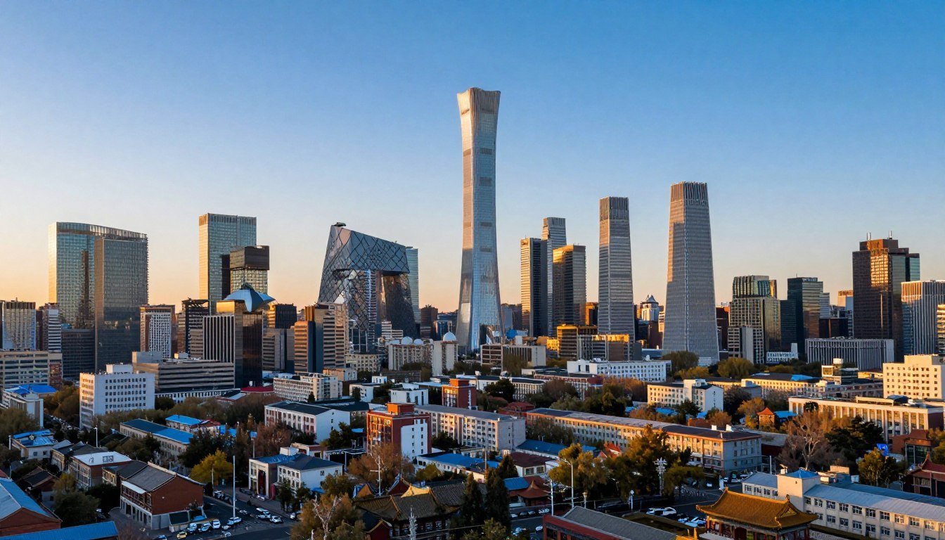 Beijing skyline at sunset showing modern skyscrapers and traditional architecture blend