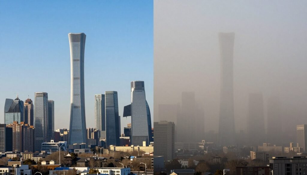 Beijing skyline on clear day versus hazy pollution day comparison Beijing skyline on clear day versus hazy pollution day comparison