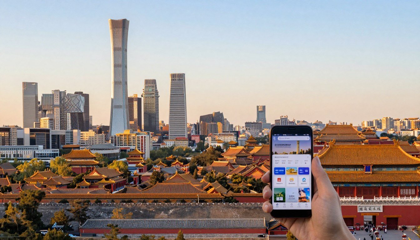 Beijing skyline with modern skyscrapers and traditional architecture showing digital connectivity