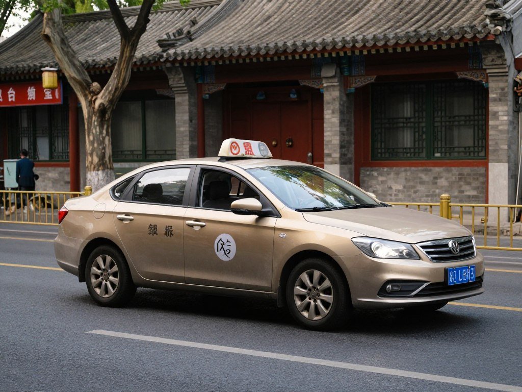 Beijing taxi on street in front of traditional architecture Beijing taxi on street in front of traditional architecture