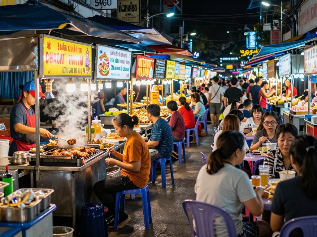 Ben Thanh night street food market scene