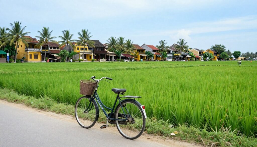 Bicycle with basket parked by rice field in Hoi An countryside