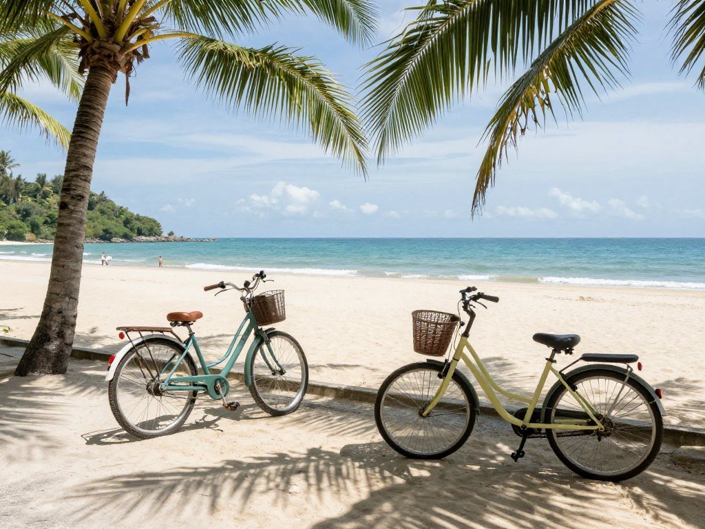 Bicycles parked at beach with ocean view