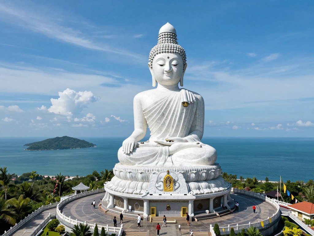Big Buddha statue overlooking Phuket with panoramic island views