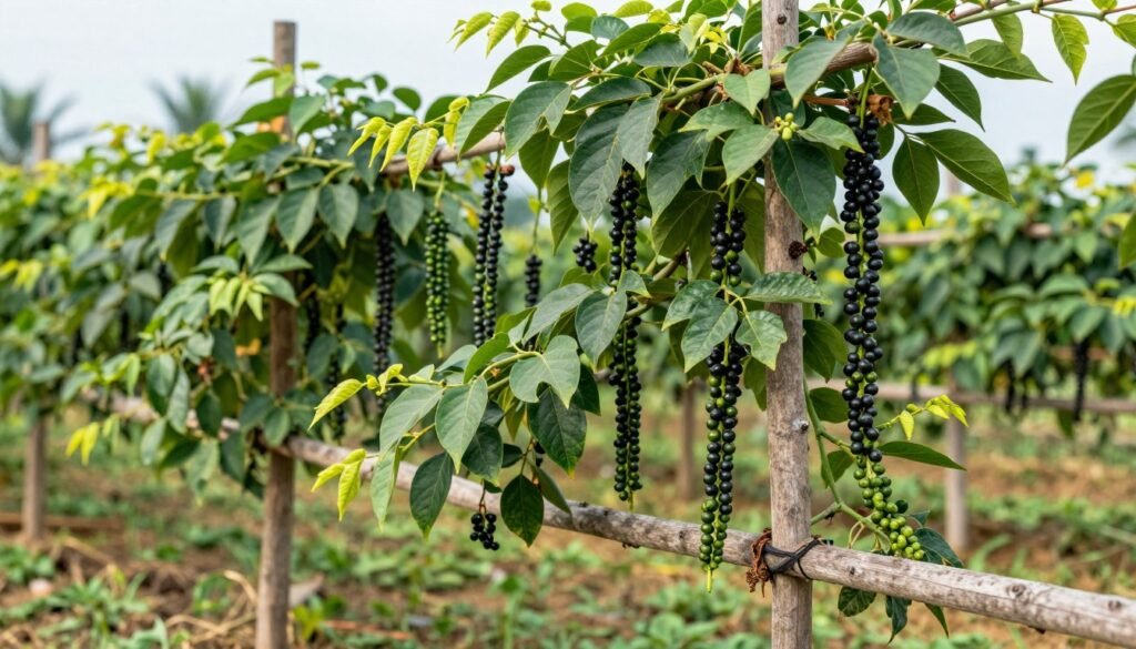 Black pepper plantation with vines growing on supports
