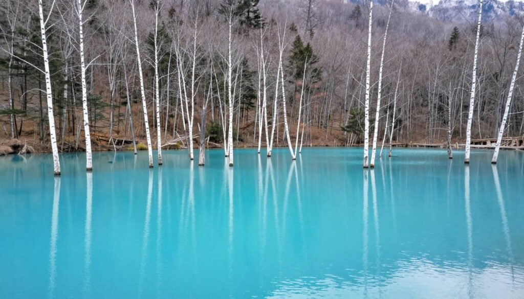 Blue Pond in Biei with dead trees and turquoise water