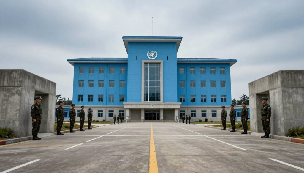 Blue UN conference buildings at DMZ Joint Security Area with soldiers standing guard