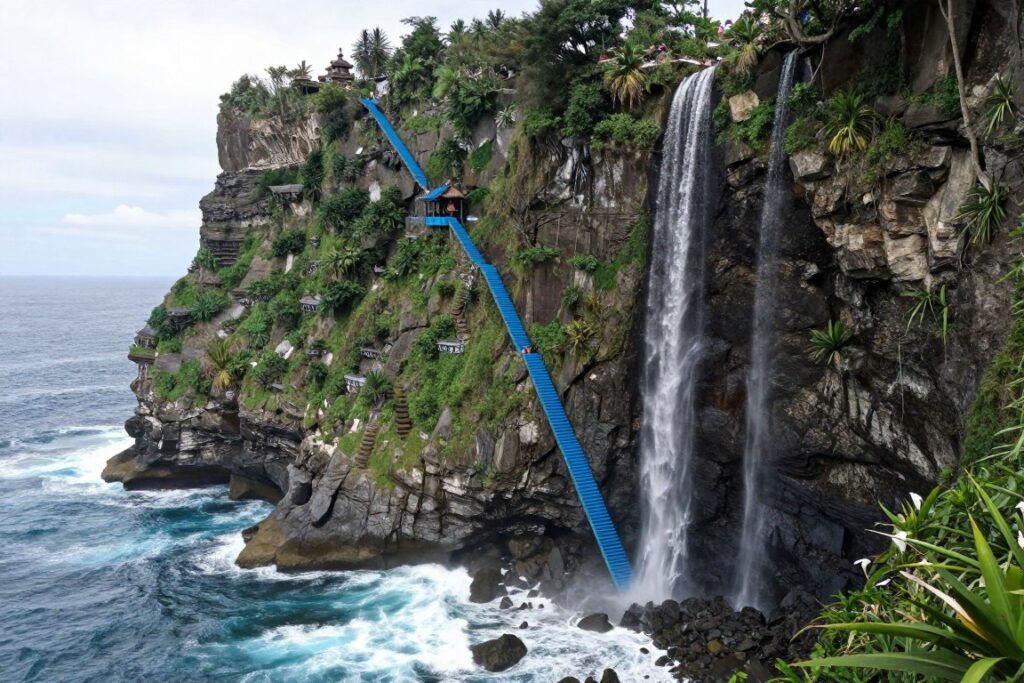 Blue stairs descending cliff to Peguyangan waterfall