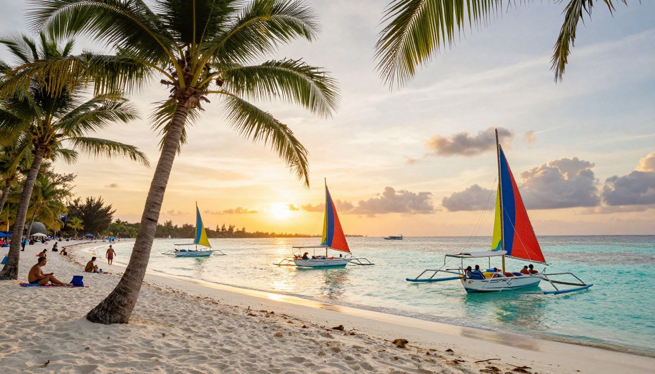 Boracay Island White Beach at sunset with traditional paraw sailboats and palm trees