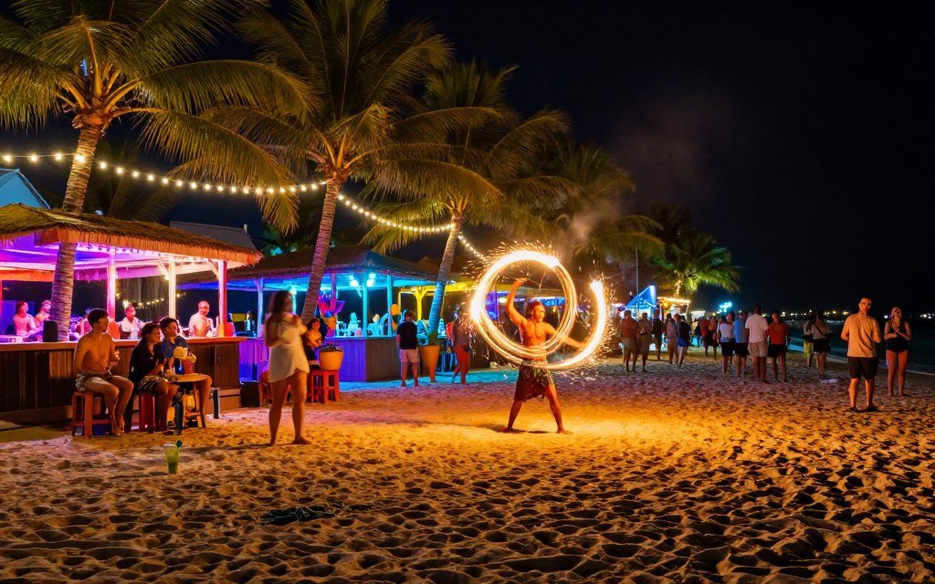 Boracay nightlife with beach bars and fire dancers