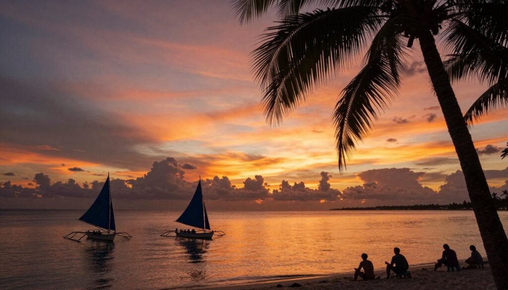 Boracay sunset with orange and pink sky reflecting on calm water