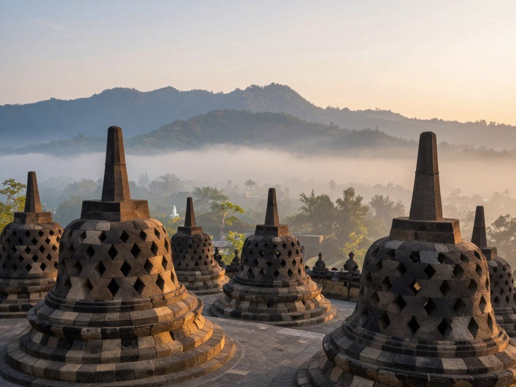 Borobudur Buddhist temple with multiple levels and stupas at sunrise