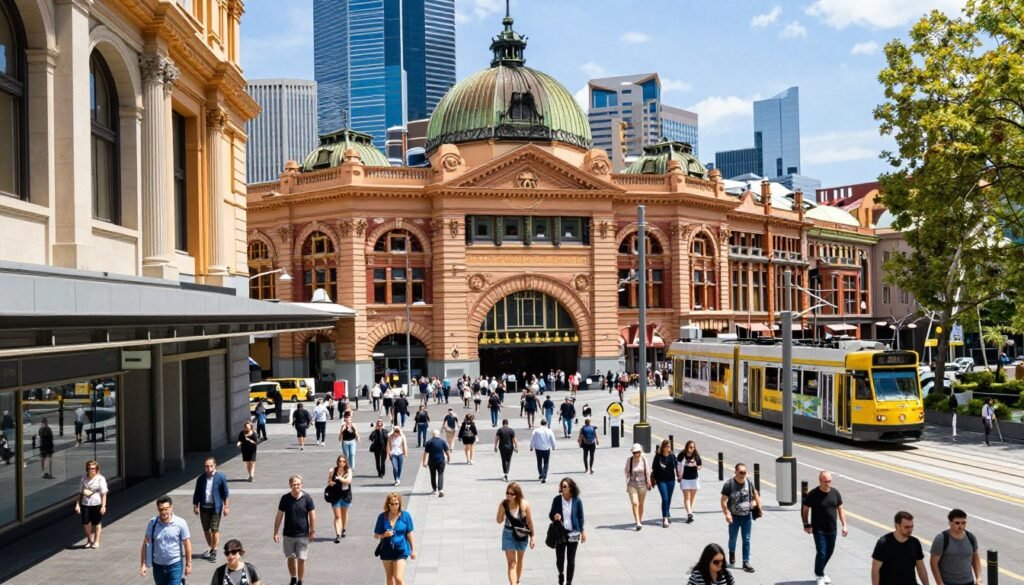 Bourke Street Mall with shoppers and stores