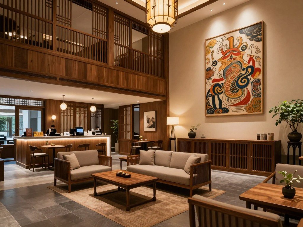 Boutique hotel lobby with traditional Taiwanese design elements Boutique hotel lobby with traditional Taiwanese design elements