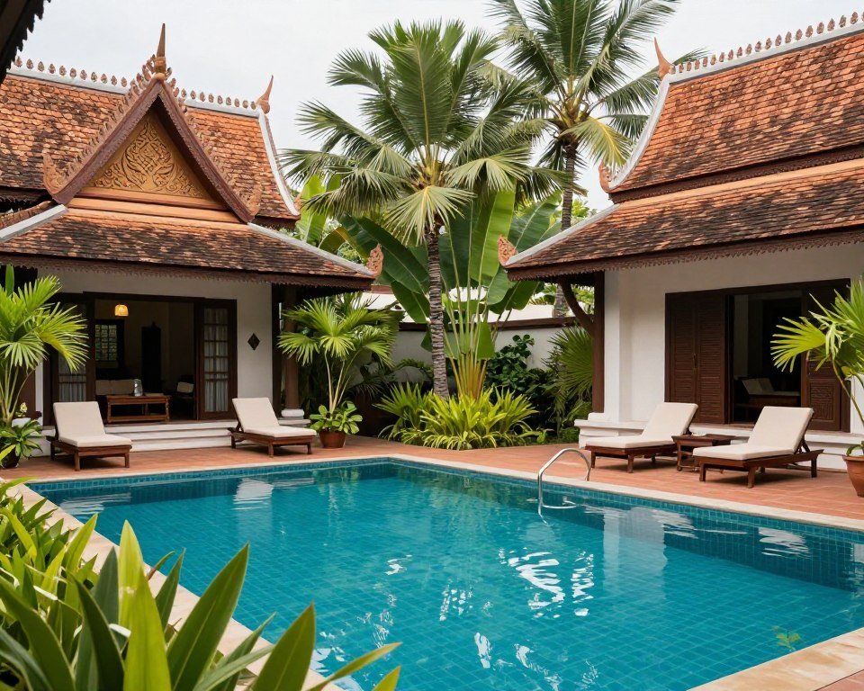Boutique hotel pool in Siem Reap with tropical gardens Boutique hotel pool in Siem Reap with tropical gardens