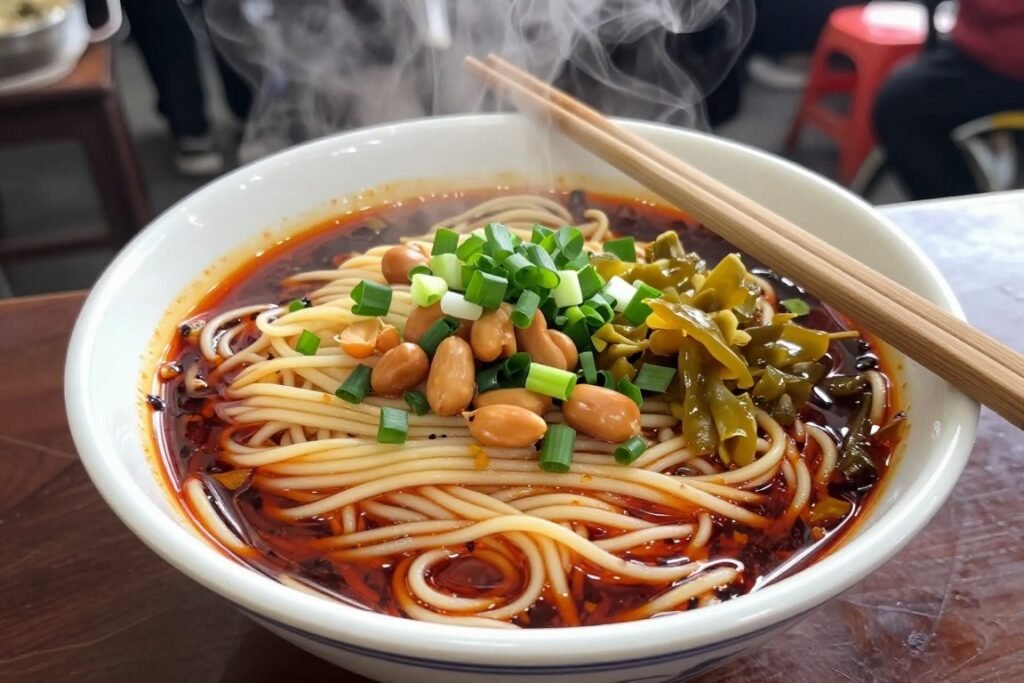 Bowl of Chongqing xiaomian noodles with spicy sauce and garnishes
