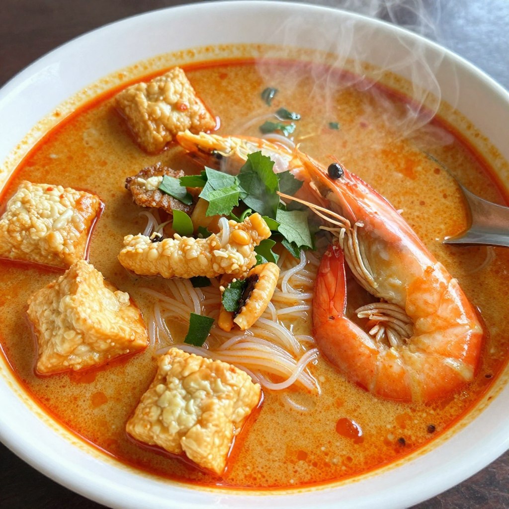 Bowl of Nyonya laksa with coconut curry broth and noodles